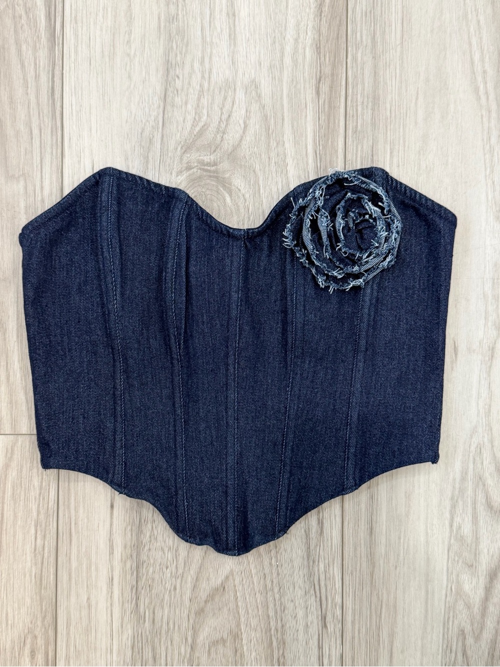 White Fox Dark Denim Corset Crop Top with Rosette